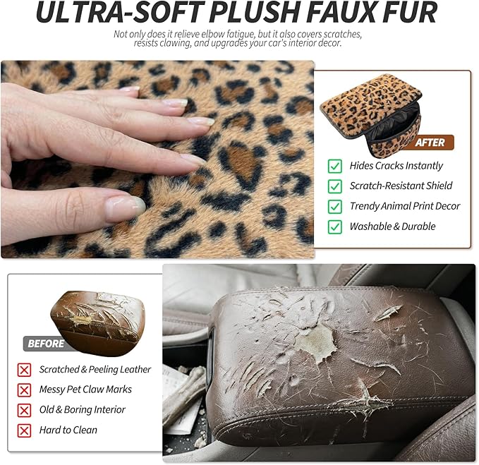 Plush Leopard Print Car Center Console Cover with Side Pockets, Fluffy Armrest Cushion Pad,Soft Cheetah Car Interior Decorations Accessories with Storage for Women,Universal Fit for Vehicles SUV Truck