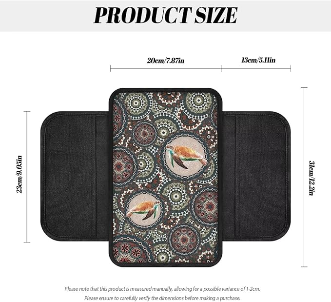 Boho Mandala and Turtle Print Car Armrest Cover Breathable Auto Center Console Pad with 2 Storage Bags Anti-Slip Car Armrest Cover Cushion Universal Fit for Sedan Truck SUV