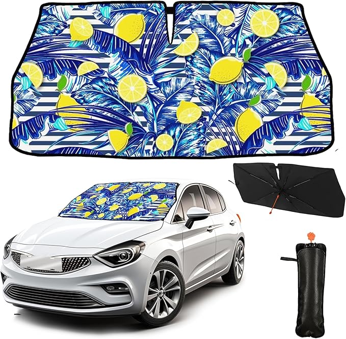 CHILL·TEK Funny Car Windshield Sun Shade Umbrella, Yellow Lemon Car Sun Shade Umbrella, Block UV Rays Heat Foldable Windshield Umbrella Sun Visor Protector - Keep Vehicle Cool for Cars SUV