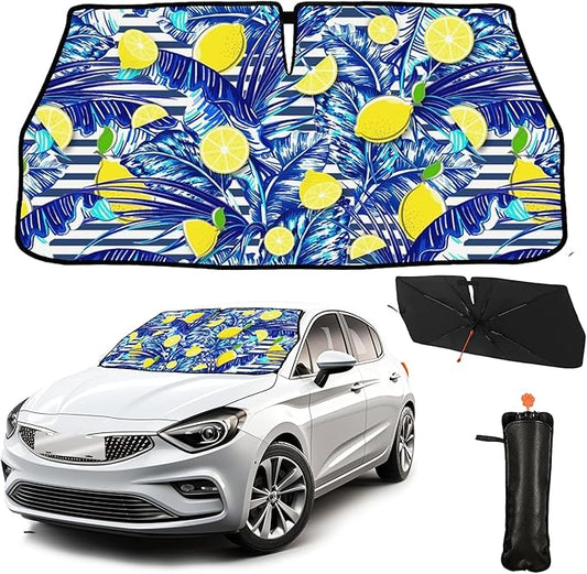 CHILL·TEK Funny Car Windshield Sun Shade Umbrella, Yellow Lemon Car Sun Shade Umbrella, Block UV Rays Heat Foldable Windshield Umbrella Sun Visor Protector - Keep Vehicle Cool for Cars SUV