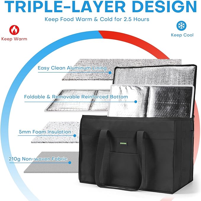 JUNGYOON Heavy-Duty Insulated Grocery Bags & Insulated Bag – Collapsible Cooler Bag with Zippered Top