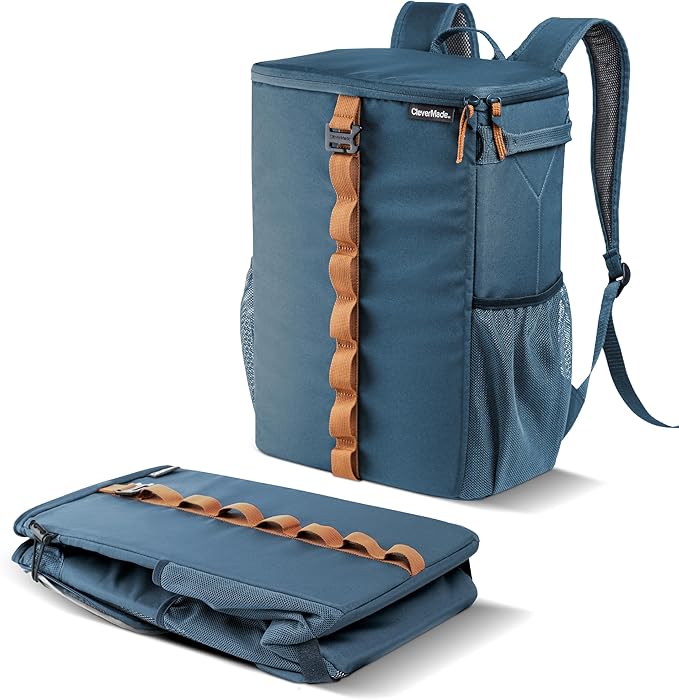 CleverMade Collapsible Backpack Cooler, 24 Can Insulated Backpack Cooler, Soft Sided Cooler Back Pack for Travel, Beach Cooler, Leakproof, Folds Flat - Ocean Cognac