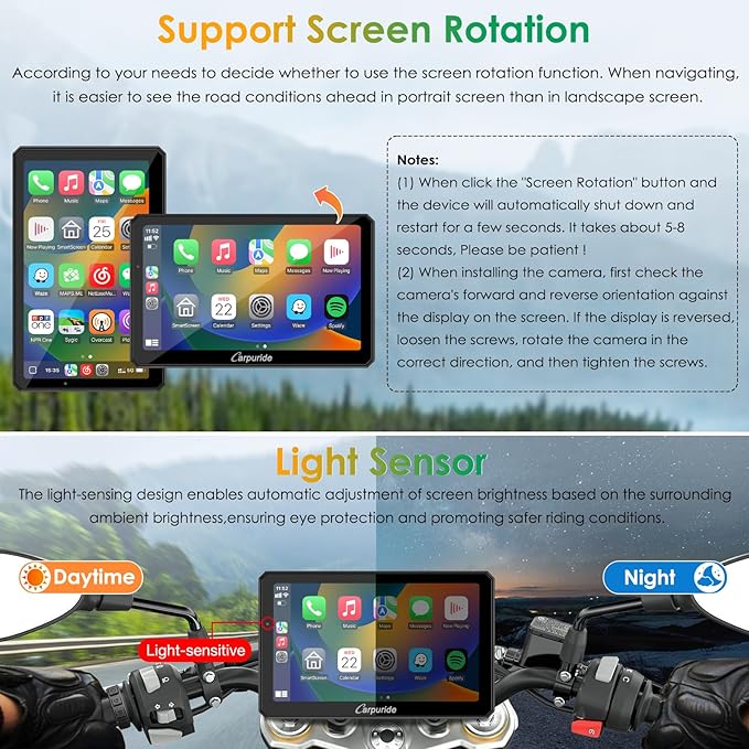 Carpuride W712D Motorcycle Carplay Screen with HD 1080 Dual Dash Cam, Wireless Car Play and Android Auto, 7" Waterproof Rotatable Navigation Touchscreen, Loop Recording, Bluetooth, Wired Controller