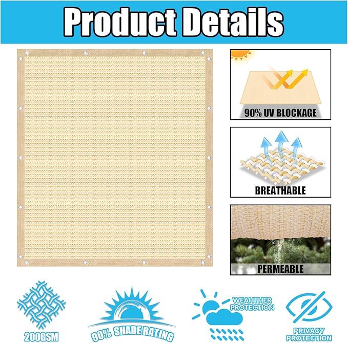 Amagenix 90% Pergola Shade Cover 15' X 24' Sun Shade Cloth with Grommets for Outdoor Garden Patio Porch, Commercial Grade 200 GSM - Cable Zip Ties Included (We Customized) GN108, Wheat