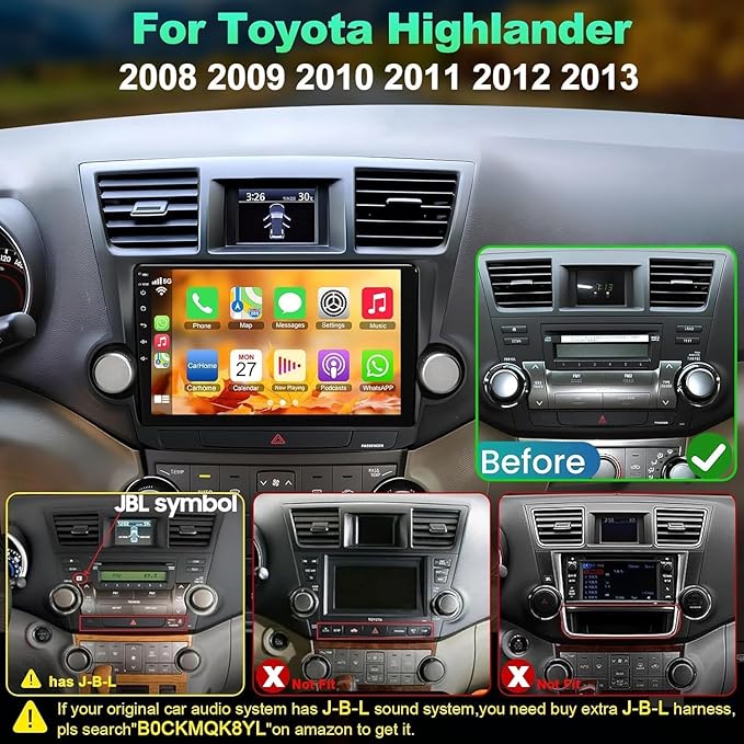 4G+64G Car Radio Stereo for Toyota Highlander 2008-2013, Wireless Carplay&Android Auto with Android 12 Support Bluetooth/Voice Control/GPS/WiFi/Back-up Camera/SWC/FM, 10.2 Inch IPS Touch Screen