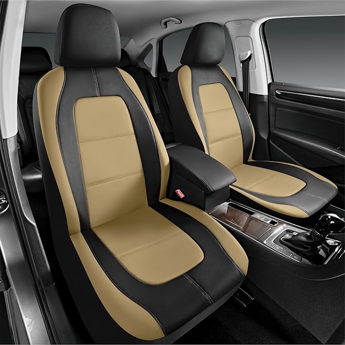 Road Comforts Car Seat Cover, Leather Full Set Car Seat Cover, Automotive Front Rear Seat Covers, Airbag Compatible Universal Fit for Most Cars (Beige)