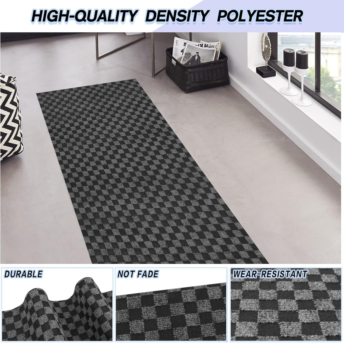 Custom Size Backed Non-Slip Area Rugs Runner, Easy Clean, Waterproof Runner Rugs for Hallway Entryway, Kitchen, Laundry, 2FT x 3FT, Gray Checkered