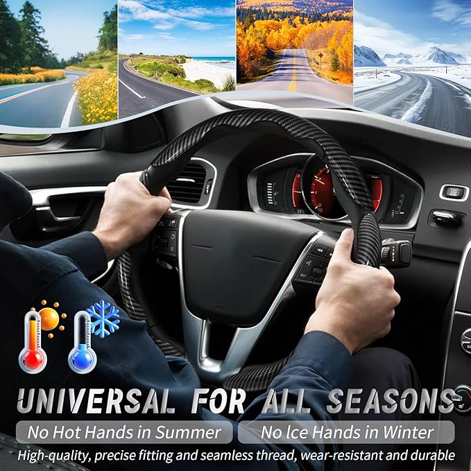 WOCOCN 3pcs Car Steering Wheel Cover,Anti-Skid Carbon Fiber Steering Wheel Protector for Men Women,Multiple Color Options,Universal for Most Car Interiors Accessories (Bright Black 3PCS)