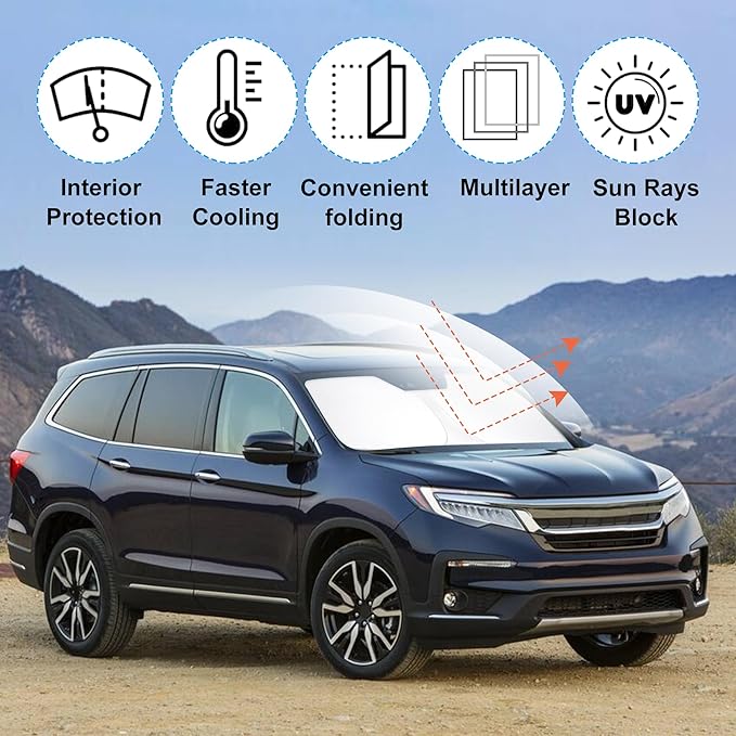 Windshield Sun Shade Custom Fit for 2016-2024 2025 2026 Honda Pilot Accessories Foldable Sunshade Sun Blocker Protect Car from Sun Rays & Heat Damage Keep Car Cooler