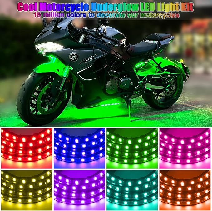 10Pcs Motorcycle LED Underglow Kit, RGB LED Strips Lights with APP Control, Compatible with Harley Davidson, Honda, Kawasaki, Suzuki