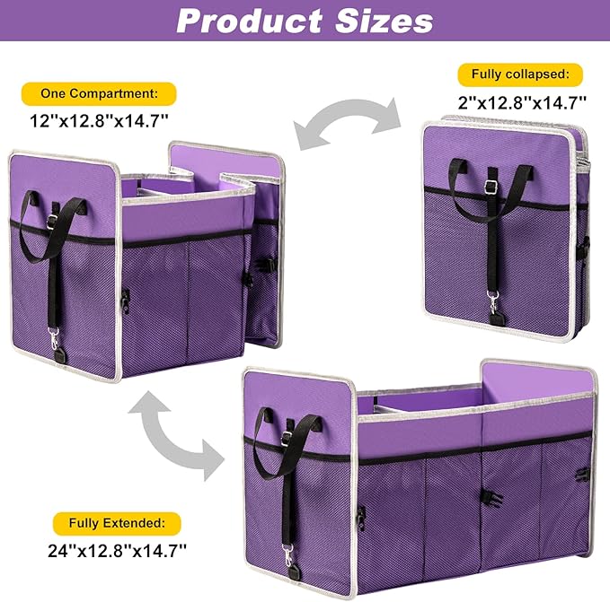 Car Trunk Organizer with Individual Cooler Bag - 2 Compartment Collapsible Car Storage for SUV (Purple)