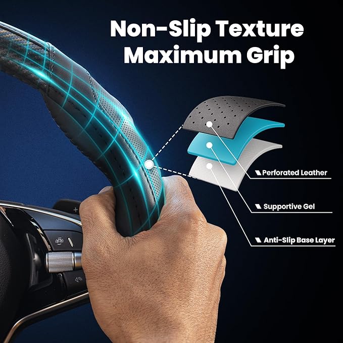 Carbon Fiber Steering Wheel Cover – 15 Inch Universal Fit for Cars & SUVs – Anti-Slip Grip, Breathable Leather Texture, Sporty Carbon Fiber Look – Premium Car Interior Accessories – Black