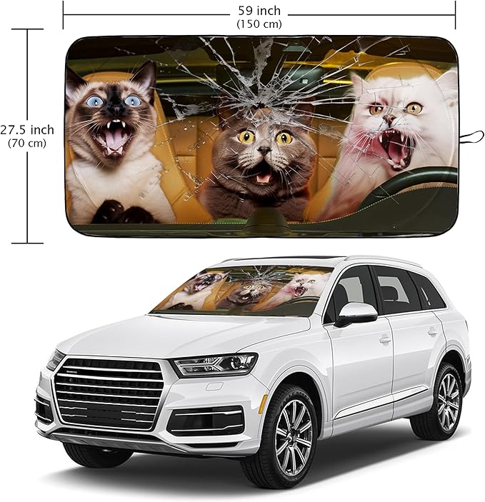 Funny Cat Car Windshield Sun Shade Foldable Sunshade Front Window Cover Sun Visor Protector Accessories (59x27.5 inches)