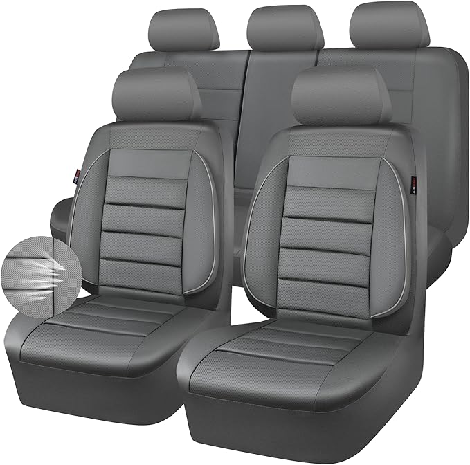 CAR PASS Leather Seat Covers Full Set Universal Water Resistant 3D Foam Back Support, Luxury Comfort Automotive 5 Seat Covers All Season Fit for SUV,Sedan,Van, Airbag Compatible Elegance (Gray)