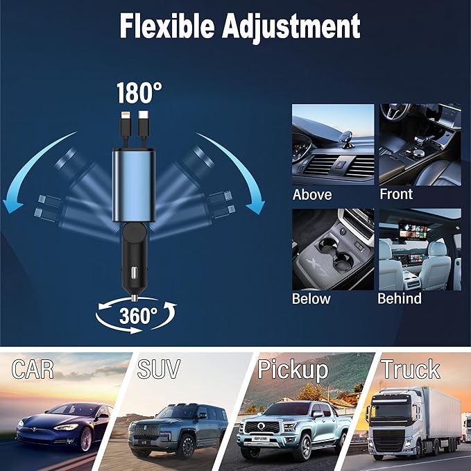 Retractable Car Charger USB C, 4 in 1 Retractable Car Charger with Cables, PD 69W USB C Car Charger Adapter, Fast Cigarette Lighter Adapter Car Phone Charging for iPhone 15/14 Pro Max,Androids, Blue