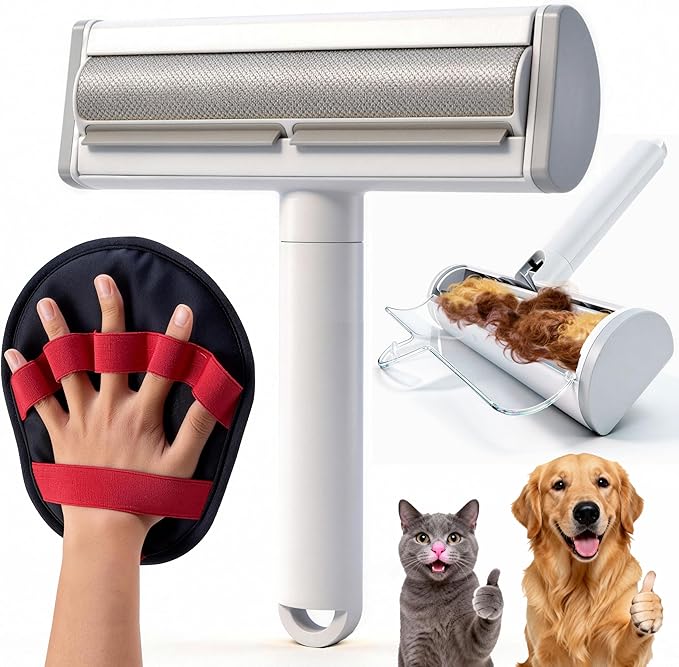 2 in 1 Pet Hair Removal Set, Reusable Dog Hair Remover & Cat Hair Remover, Pet Hair Remover with Roller & Glove, Pet Hair Removal Tool for Clothing, Couch, Furniture & Laundry