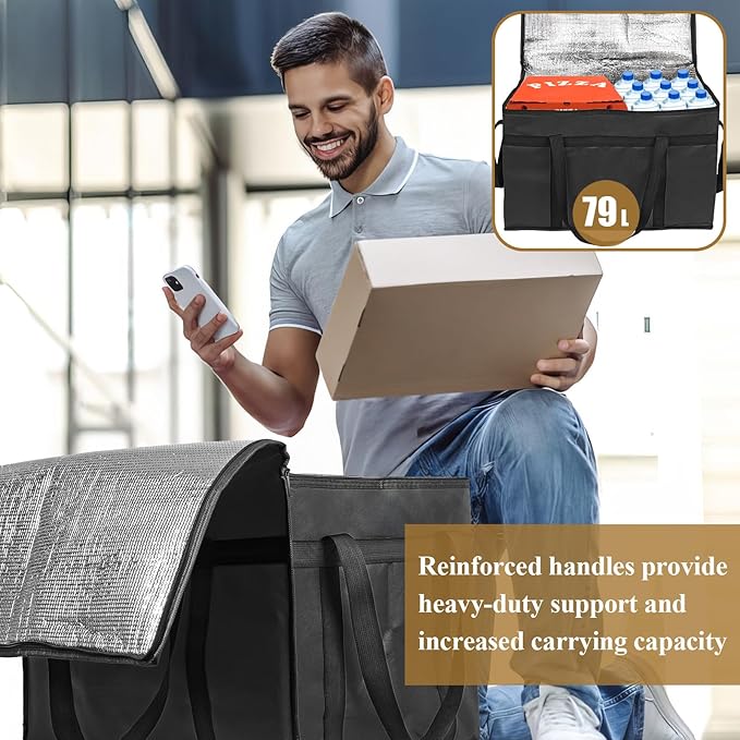 PEASUG Insulated Bags for Food Delivery, XXXL Pizza Delivery Bags, Large Capacity Cooler Bag Keep Food Warm for Grocery Shopping and Catering, Foldable, Heavy-Duty (Black)