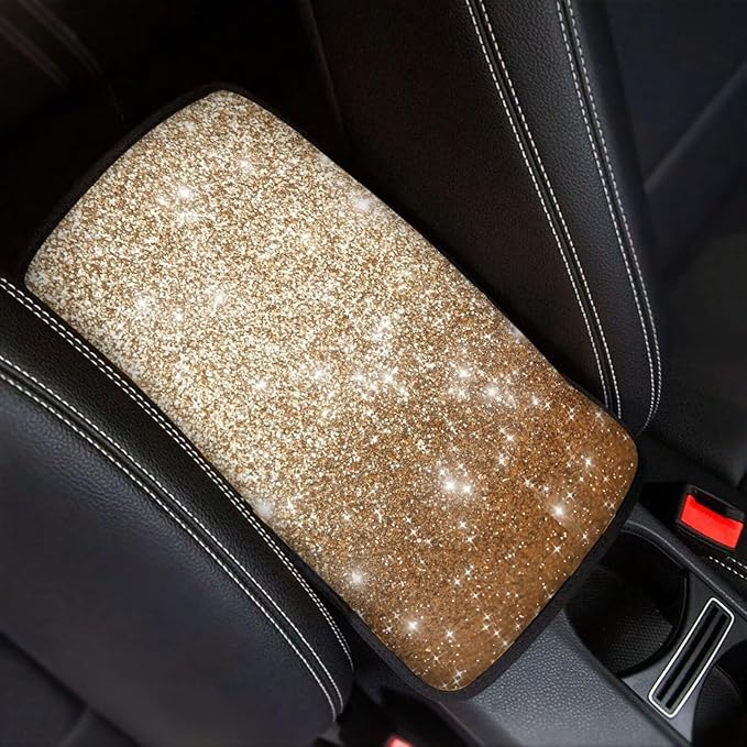 Gold Bling Car Armrest Storage Box Mat Car Center Console Cover Car Armrest Seat Box Cover for Most Vehicle, SUV, Truck Car Decors