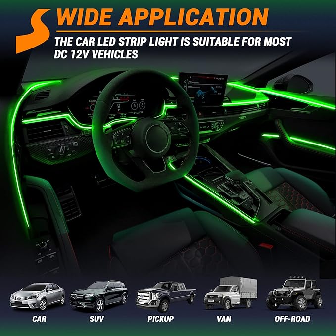 Interior Car LED Strip Lights 470 inches Fiber Optic tubing USB Powered RGB 10 in 1 Car Neon with Wireless APP and Remote Control, Ambient Lighting Kits 16 Million Colors,Sync to Music