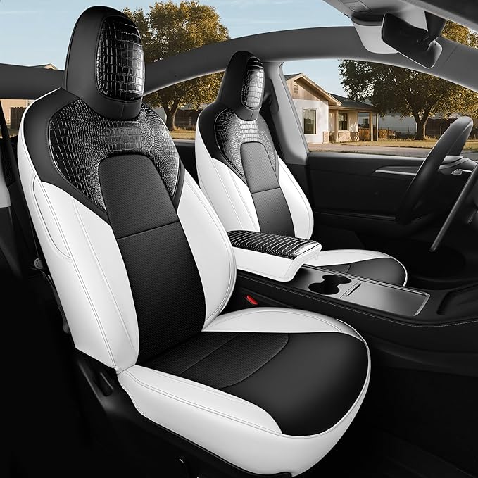 for Tesla Model Y Seat Cover Customized Fit 2020 2021 2022 2023 2024 Black Crocodile Leather and Nappa Leather Splicing Seat Cover Full Set (Crocodile Black)