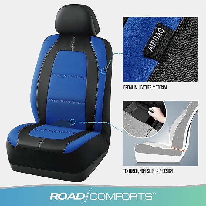 Road Comforts Car Seat Cover, Leather Car Seat Covers, Front Low Back Sport Seat Covers, Airbag Compatible, Universal Fits for Most Cars (Blue)