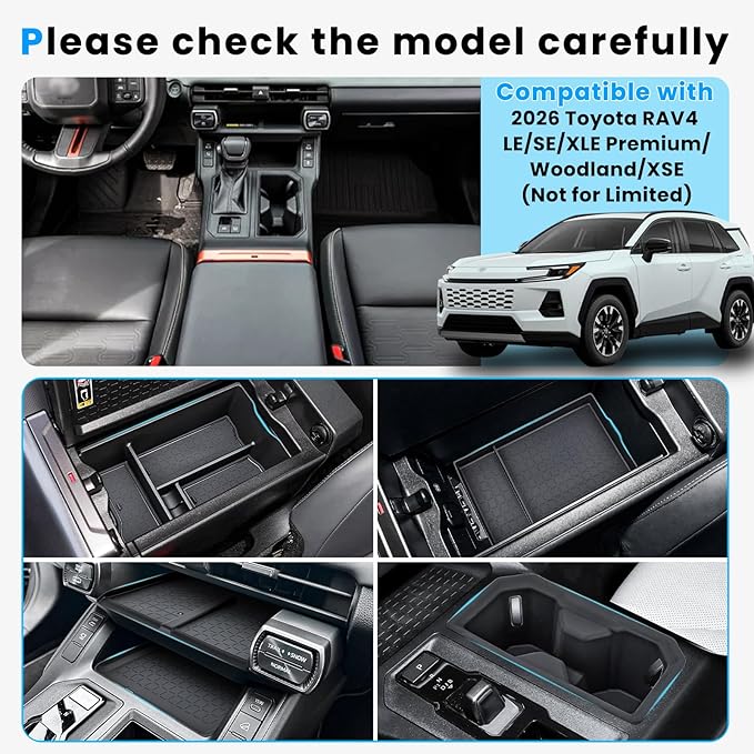 5PCS Center Console Organizer Tray and Wireless Charging Mat Compatible with 2026 Toyota RAV4 Armrest Bottom Tray Cup Holder Center Console Silicone Pad Interior Accessories(Not for Limited)