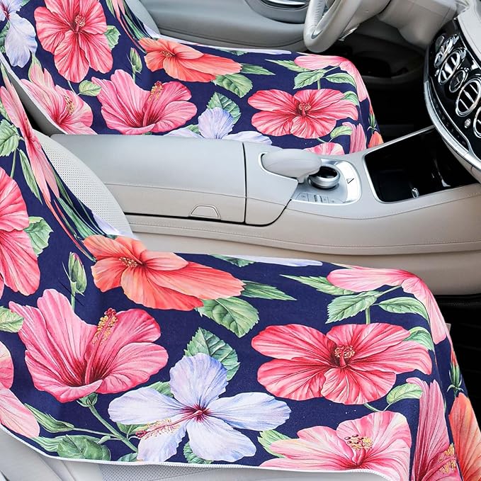 1 Pack Car Seat Towel Covers with Storage Bag 63 x 32 Inch Athletic Running Towel Seat Sweat Washable Non Slip Cover Gift for Car Outdoor Sport Activities (Summer Flower Hibiscus)