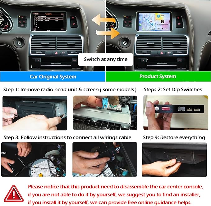 Wireless CarPlay + Android Auto + Mirroring Retrofit Decoder Box Kit, Compatible with Audi A6 A7 2009-2011 Q7 2010-2015 with C6 Embedded Screen & MMI 3G High / 3G+ Models