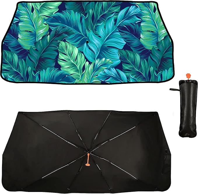 Socira Tropical Car Sun Shade Windshield Umbrella Palm Leaf Sunshade for Green Window Shades Windshield Sun Shade Umbrella Sun Visor Leaves Car Accessories Keeps Cool 57" x 30"