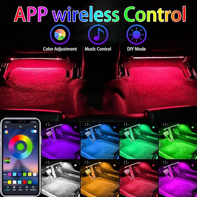 RGB Car LEDs Interior Lights with Smart APP Control,Under Dash Led Lights Kit with DIY Mode and Music Mode,5V LED Strip Lights for Cars, Trucks,Suvs