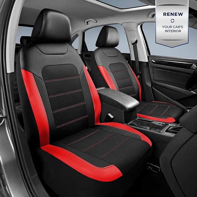 PIC AUTO Car Seat Covers, Premium Leather and Air Mesh Automotive Sports Seat Covers, Two Front Set, Airbag Compatible Universal Fits Most Cars, SUVs, Trucks and Vans (Black & Red)