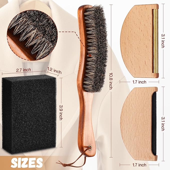 4 Pcs Horsehair Felt Hat Brush Kit with Cleaning Sponge Cowboy Clean Hat Wood Fedora Hat Cleaning Set Baseball Cap Lint Brush Remove Dust for Hair Furniture Suits Clothes(Style C)