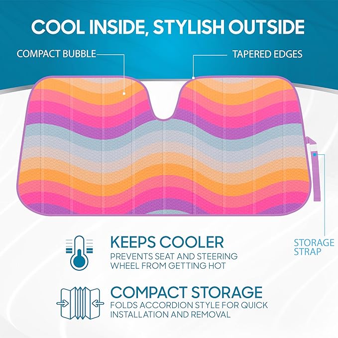 BDK Retro Wave Automotive Windshield Sunshades Accordion Folding Style - Windshield Sun Shade Auto Shade for Cars Trucks SUVs Vans Sun Visor Protector to Block UV Rays – Keeps Vehicle Cool 58” x 27”