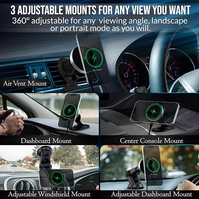 Magsafe Car Mount Charger | Magnetic Phone Charger for Car | 3 Mounts | Max Stability | 360° Rotation | Compatible with Magsafe Phone Case | Fits iPhone 16/15/14/13/12