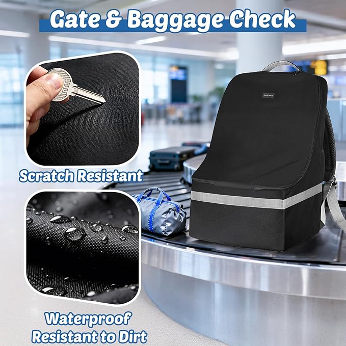 Padded Car Seat Travel Bag For Airplane: Backpack Car Seat Cover for Air Travel, Carseat Bag With Shoulder Strap for Infant Car Seats, Boosters & Carriers, Flying Accessories For Gate & Baggage Check