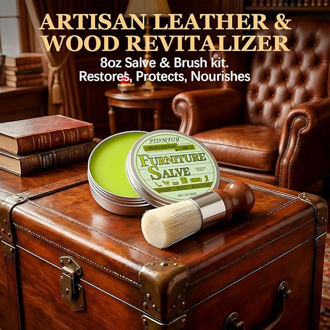 Furniture & Leather Repair Salve with Brush, Wood, Vinyl, Leather, Polisher, Cleaner and Conditioner for Furniture, Saddle, Moisturizer, Restorer for Car Seat, Couch, Shoe, Purse, Boot - 8oz