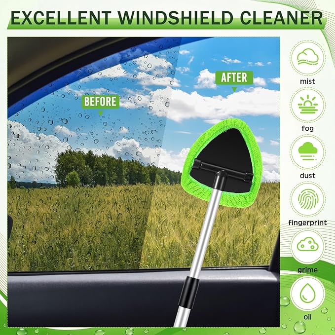 FoldTier 8 Pcs Car Windshield Cleaner Kits with Extendable Handle, 5 Microfiber Towel Pads, 1 Brush, 1 Empty Spray Bottle for Auto Glass Wiper Suvs Rvs & Home Windows (Green)