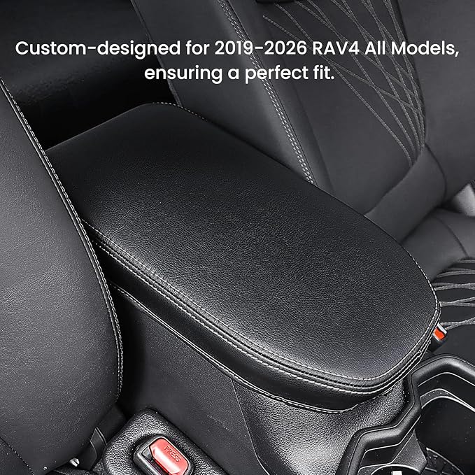 Center Console Cover for Toyota RAV4 2019-2025, Upgraded PU Leather Armrest Cover for RAV4 Adventure/Hybrid/XLE/LE/Limited/TRD Off-Road/Premium/XLE Premium (Gray Stitching)
