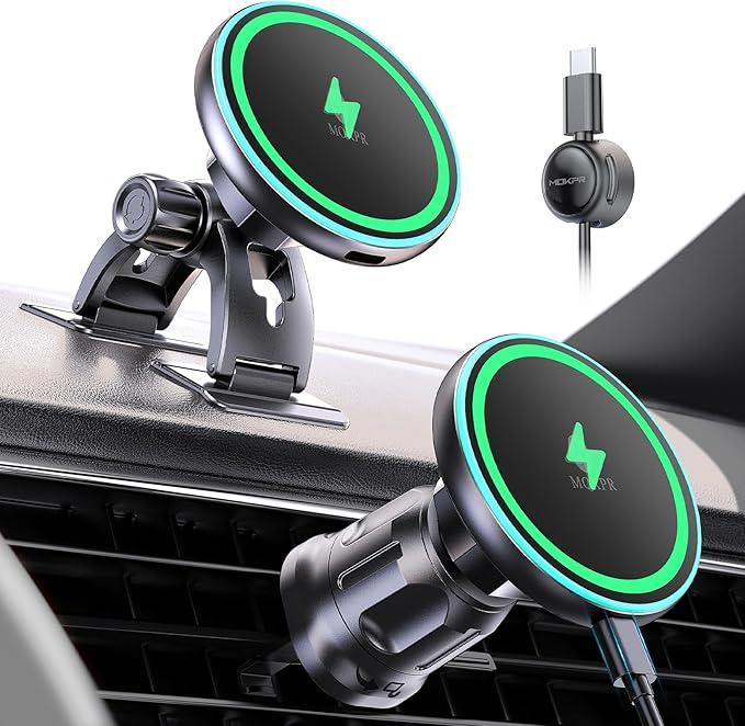 MOKPR for iPhone Magsafe Car Mount Charger, Wireless Car Charger Magnetic Car Phone Holder for Dash Air Vent-LED HandsFree Car Mount Fast Car Charger for iPhone 17/16/15/14/13/12 Series