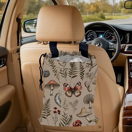 Retro Mushrooms Car Trash Bag,Nature Woodland Strap Drawstring Car Garbage Bags,Car Back Seat Organizer with Adjustable Buckle for Car Accessories