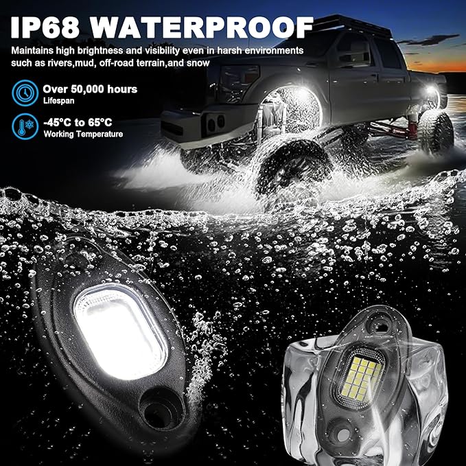 Rock Lights with 15FT Wire Extender, Aluminum Case, 24Chip High Power 6000k Pure White, Waterproof IP68 Underglow Lights for Trucks Jeep UTV ATV(12 PCS)