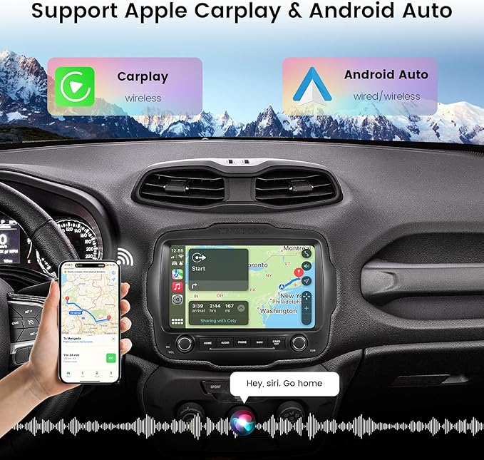9'' QLED Screen Car Radio for Jeep Renegade 2015-2022, GPS Navigation, with Wireless Carplay & Android Auto, 8+256GB Stereo, DTS Sound, Built in Gyroscope, Physical Knob