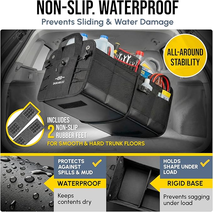 2-Section Trunk Organizer Foldable Car Storage Bin – Compact Dual-Compartment Auto Organizer with Cover Net, Non-Slip Pads, Heavy Duty Oxford 1680D – Black