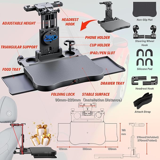 Large Foldable Backseat Tray Table, Car Laptop Desk with Cup Holder, Back Headrest Passenger Food Tray, Phone Tablet Holder, Multifunctional Travel Desk, Car Essentials for Kids & Long Road Trips