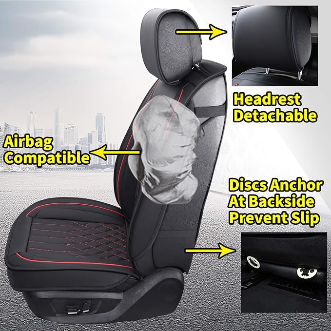 Aierxuan Car Seat Covers Full Set Universal Fit for Honda Civic Accord, Toyota Camry Prius Rav4 Corolla, Kia, Lexus, Nissan, Mazda, Jeep Cherokee and Most Cars, with Waterproof Leather (Black and Red)
