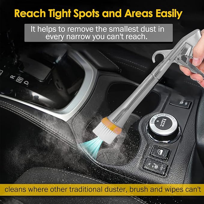 Car Cleaning Gun - High Pressure Air Blow Interior Detailing Kit With Air Duster Blower - Compressor Needed Tools (Silver)