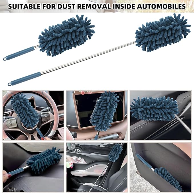 2Pcs Car Interior Duster with Extension Pole Soft Dash Vent Dusting Detailing Wash Brushes with Long Handle Duster Cleaner Tool New Car Must Haves for Cleaning Supplies (Blue)