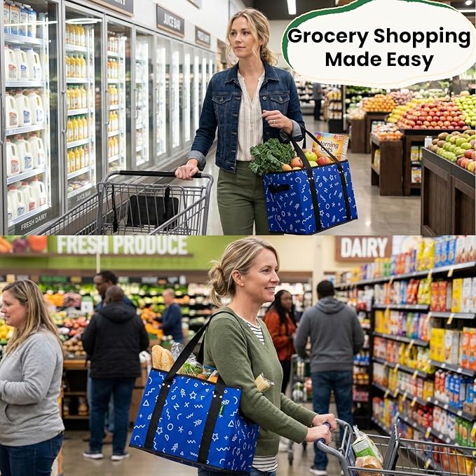 Reusable Grocery Bags (3 Pack) - Heavy Duty Foldable Tote Bags with Long Handles & Hard Bottom - Large Reusable Shopping Bags, Box-Shaped Grocery Totes Hold Up to 65 lbs, Stand Up & Fold Flat