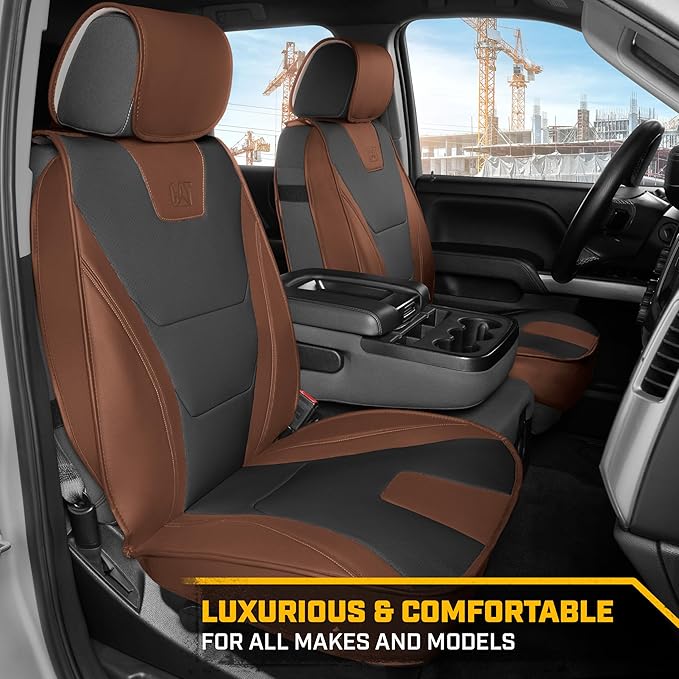 Cat® Edge Deluxe Faux Leather Car Seat Covers – Full Set (2 Front + 1 Rear Bench) – Semi-Custom Universal Fit, Two-Tone Black – Rugged Automotive Interior Covers for Cars, Trucks & SUVs