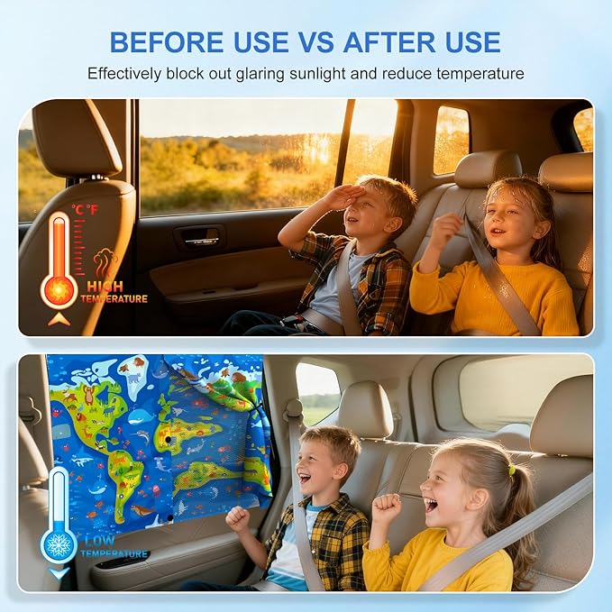 Car Window Shades with 8 Magnets-26.8"x19.7" Car Rear/Side Window Sunshade for Baby Semi-Transparent 2-in-1 Universal Auto Sun Shade for Kid & Pet Protection (2 Pack) World Map